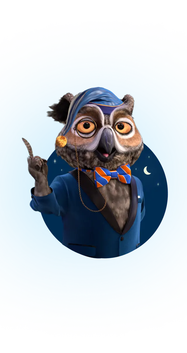 Xyzal's mascot, Nigel the owl, wearing a suit and a stylish bow tie, complete with a night cap, exuding a professional and sophisticated demeanor.
